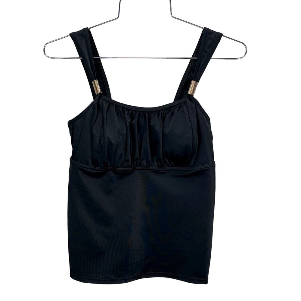 LANDS' END Black Basic Gold Metal Ruched Stretch Curvy Padded Tankini Top Sz 6P